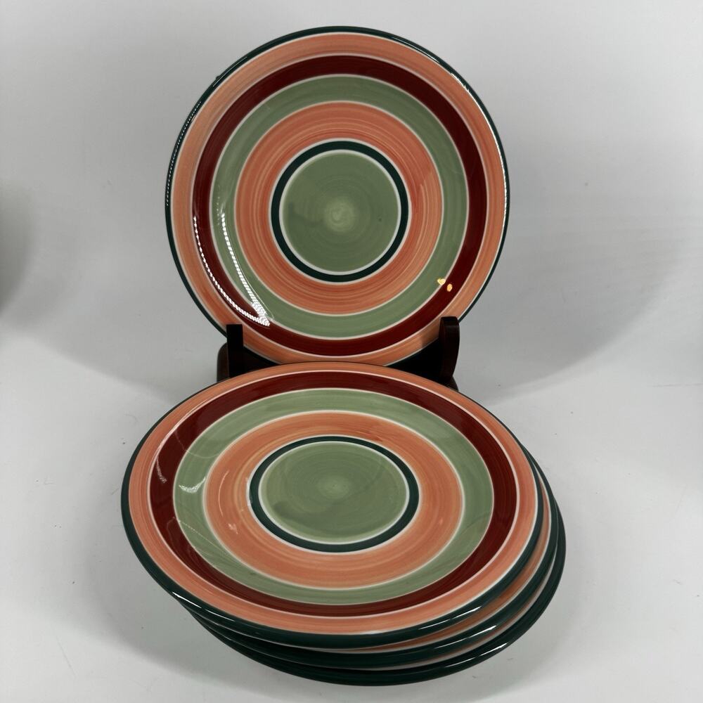 Pier 1 Green Coral Rust Bands Dessert/Salad Plates SET OF 4 Hand Painted ITALY
